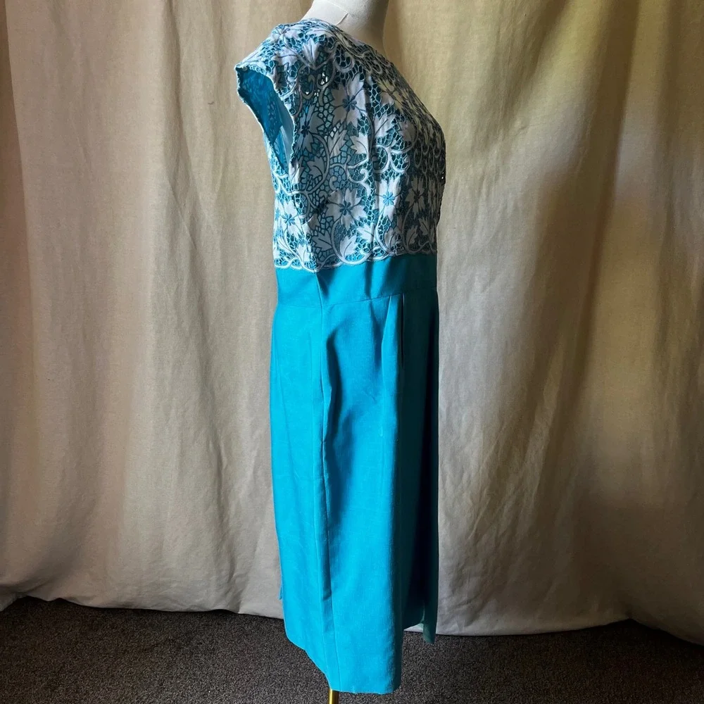 1960s Turquoise Blue‎ Lace Wiggle Dress Set Jackie O Style Matching Jacket L
